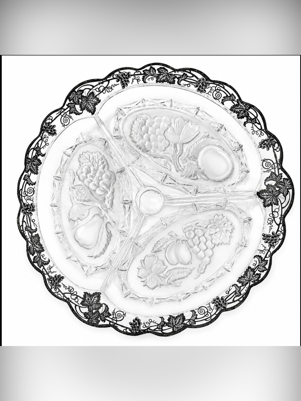 Imperial Glass Intaglio Fruit Sectioned Relish Dish Serving Platter Silver Trim